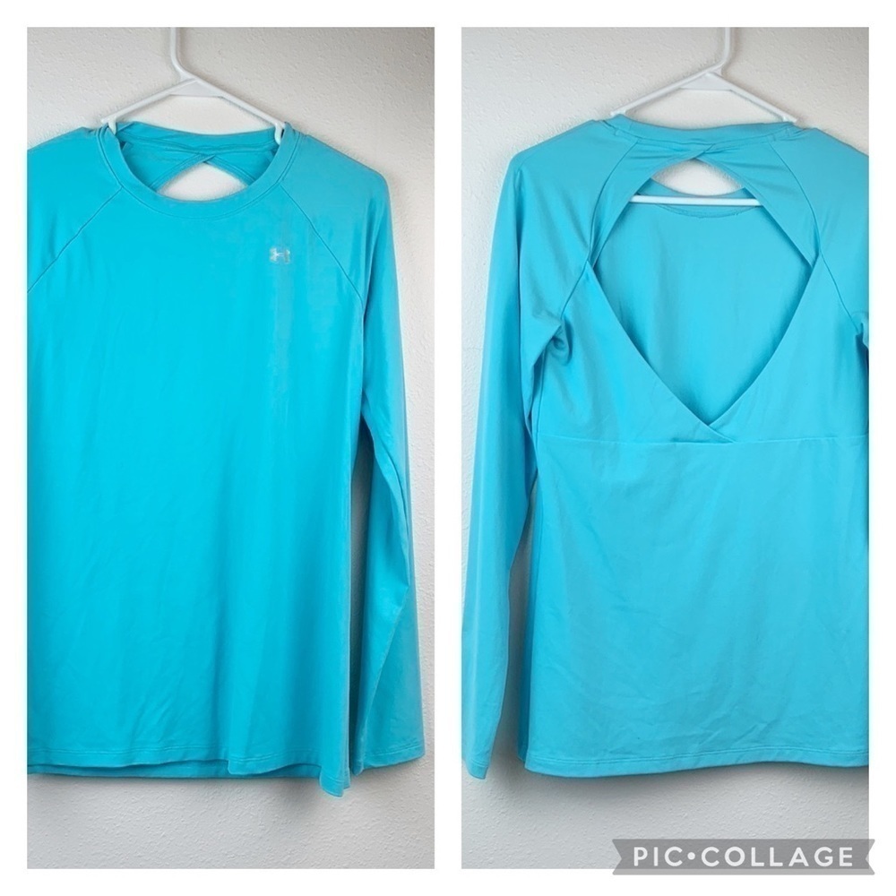 Under Armour open back heat gear, Tiffany blue yoga, running, athletic top EUC